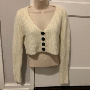 Urban Outfitters Fuzzy Cropped Cardigan Sweater Button Up Rochelle White